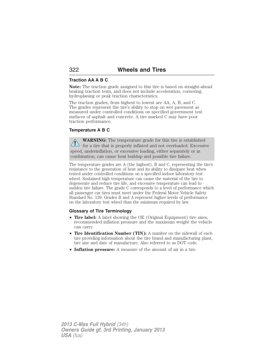 Traction aa a b c, Temperature a b c, Glossary of tire terminology | 322 wheels and tires | FORD 2013 C-MAX Hybrid v.3 User Manual | Page 323 / 552