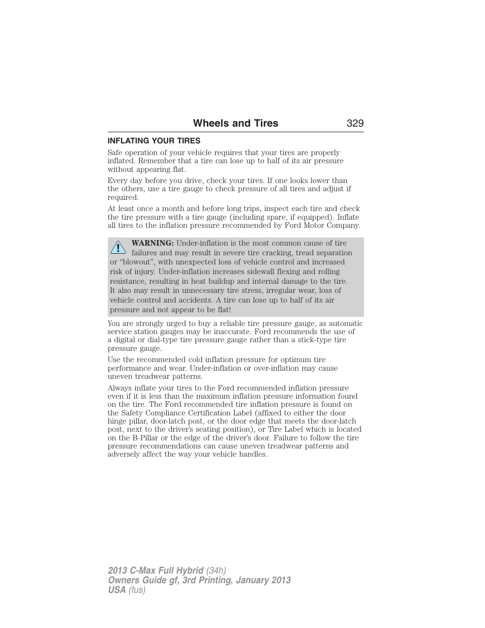 Inflating your tires, Wheels and tires 329 | FORD 2013 C-MAX Hybrid v.3 User Manual | Page 330 / 552