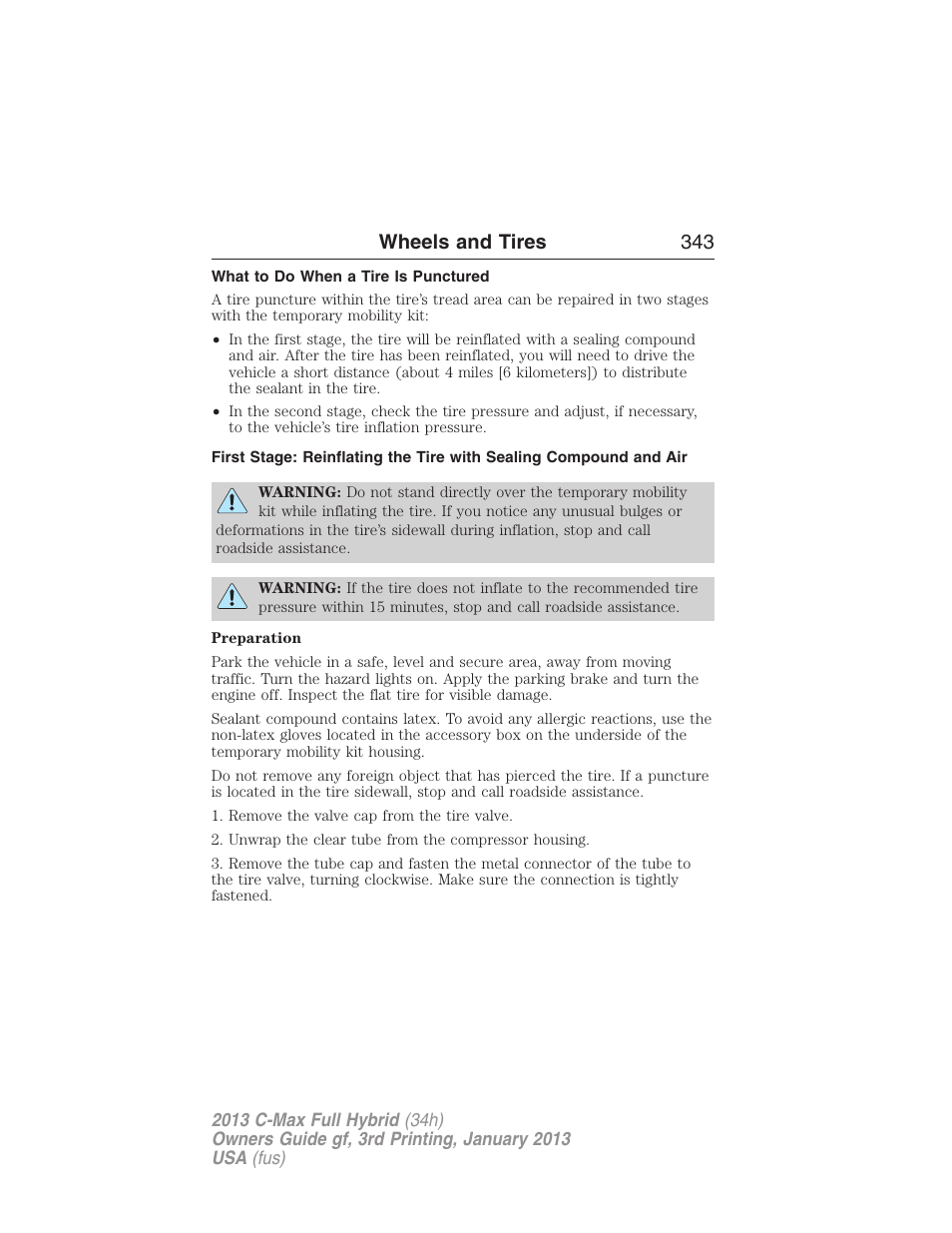 What to do when a tire is punctured, Wheels and tires 343 | FORD 2013 C-MAX Hybrid v.3 User Manual | Page 344 / 552