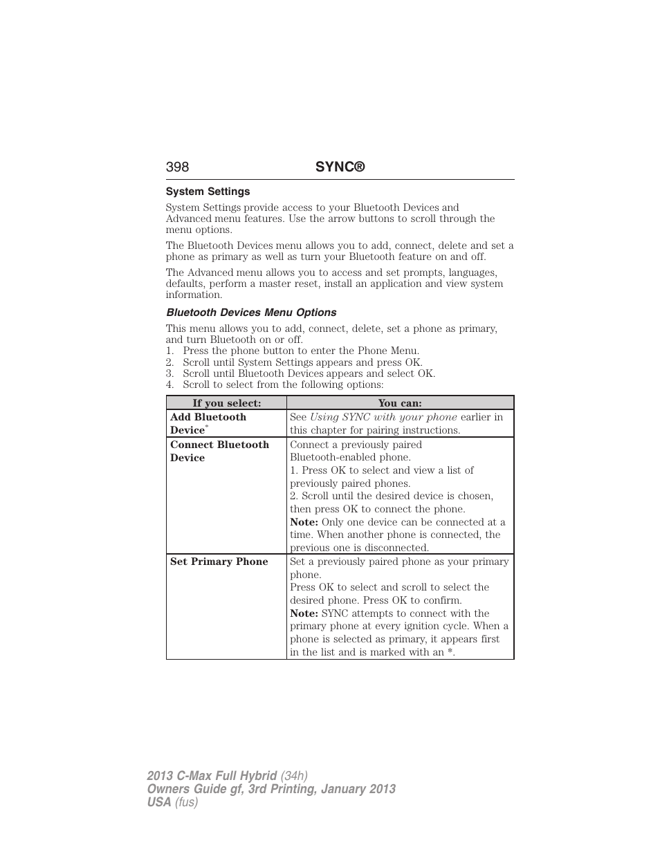 System settings, Bluetooth devices menu options, 398 sync | FORD 2013 C-MAX Hybrid v.3 User Manual | Page 399 / 552