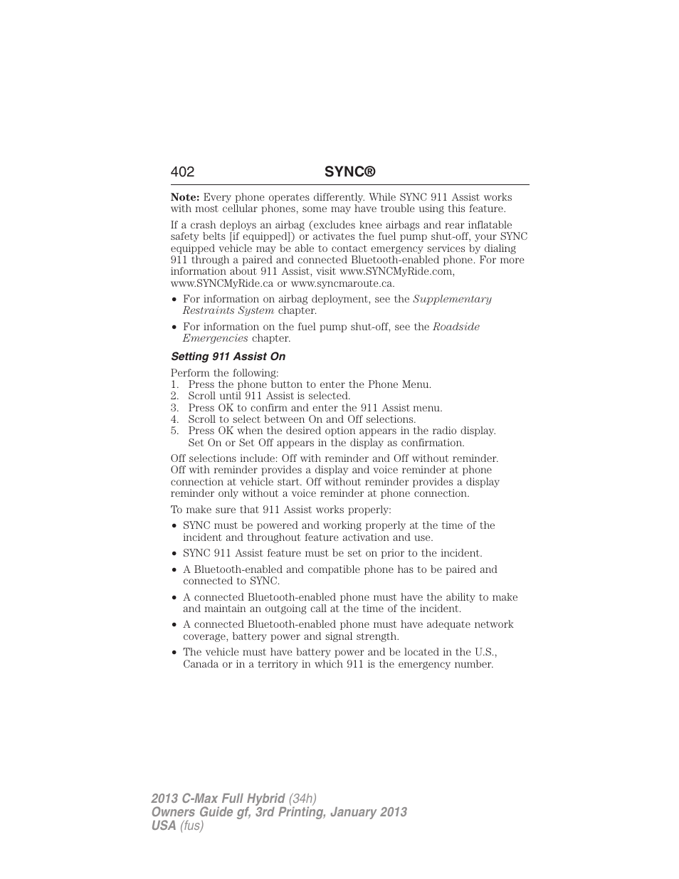 Setting 911 assist on, 402 sync | FORD 2013 C-MAX Hybrid v.3 User Manual | Page 403 / 552