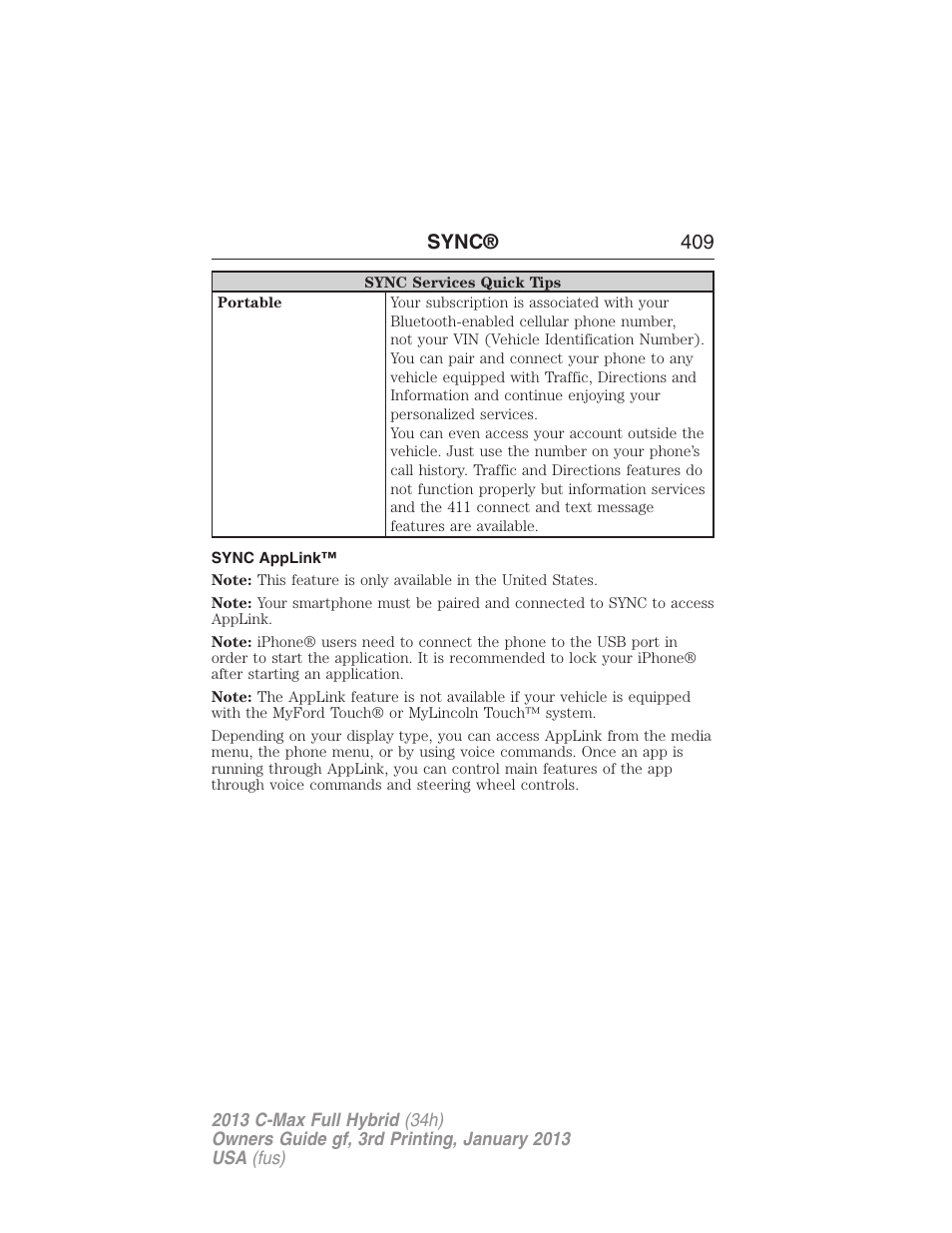 Sync applink, Sync® 409 | FORD 2013 C-MAX Hybrid v.3 User Manual | Page 410 / 552