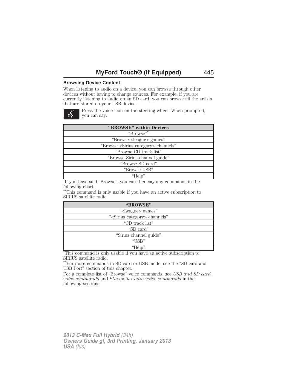 Browsing device content, Myford touch® (if equipped) 445 | FORD 2013 C-MAX Hybrid v.3 User Manual | Page 446 / 552