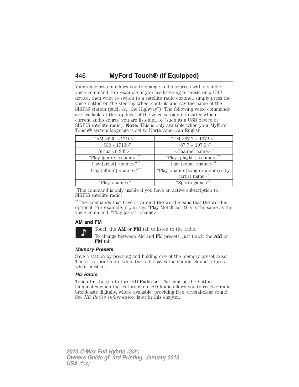 Am and fm, Memory presets, Hd radio | 446 myford touch® (if equipped) | FORD 2013 C-MAX Hybrid v.3 User Manual | Page 447 / 552