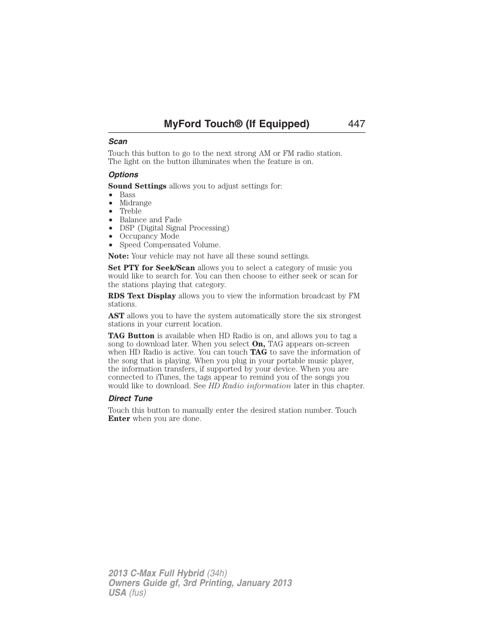 Scan, Options, Direct tune | Myford touch® (if equipped) 447 | FORD 2013 C-MAX Hybrid v.3 User Manual | Page 448 / 552