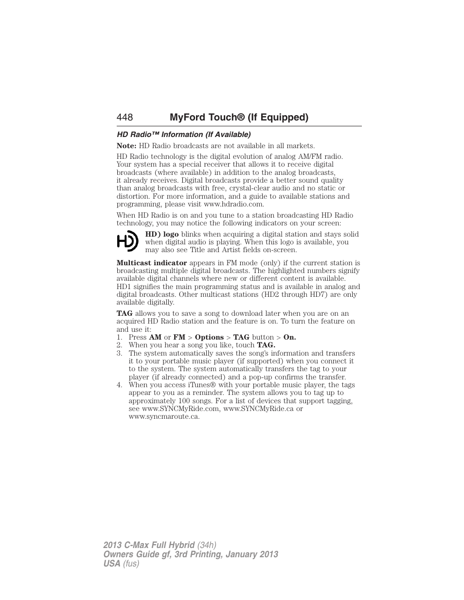 Hd radio™ information (if available), 448 myford touch® (if equipped) | FORD 2013 C-MAX Hybrid v.3 User Manual | Page 449 / 552
