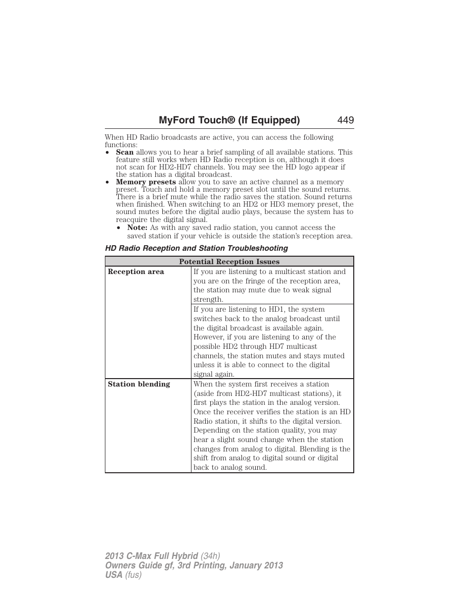 Hd radio reception and station troubleshooting, Myford touch® (if equipped) 449 | FORD 2013 C-MAX Hybrid v.3 User Manual | Page 450 / 552