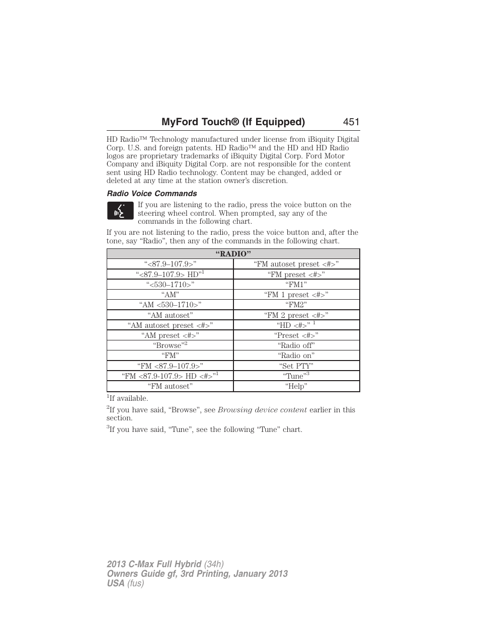 Radio voice commands, Myford touch® (if equipped) 451 | FORD 2013 C-MAX Hybrid v.3 User Manual | Page 452 / 552