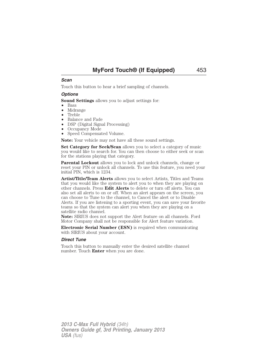 Scan, Options, Direct tune | Myford touch® (if equipped) 453 | FORD 2013 C-MAX Hybrid v.3 User Manual | Page 454 / 552