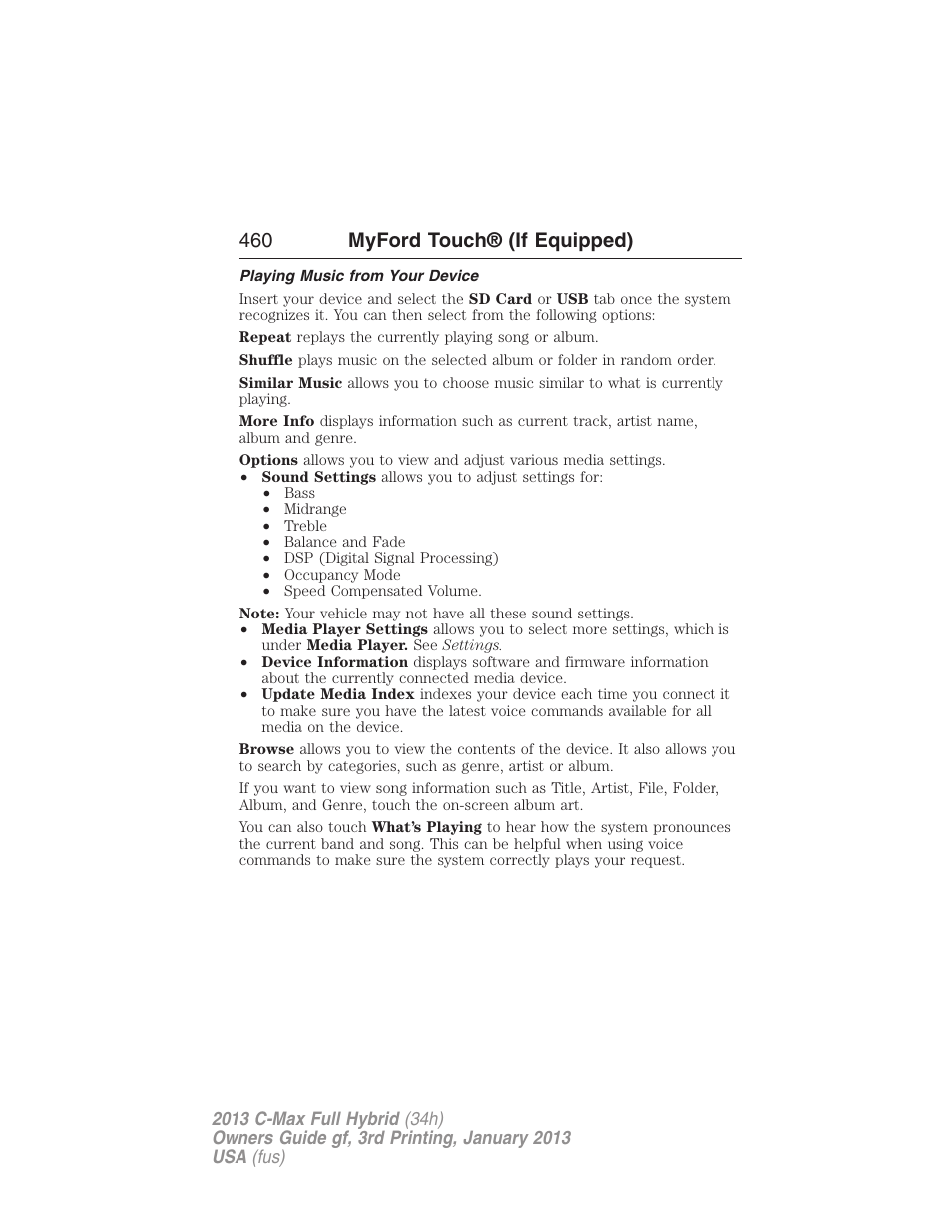 Playing music from your device, 460 myford touch® (if equipped) | FORD 2013 C-MAX Hybrid v.3 User Manual | Page 461 / 552
