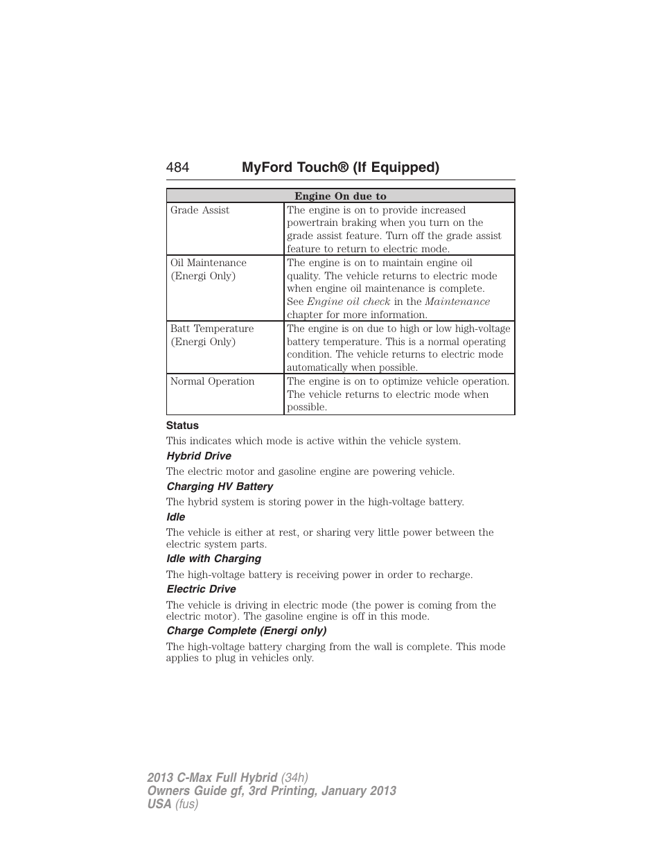 Status, Hybrid drive, Charging hv battery | Idle, Idle with charging, Electric drive, Charge complete (energi only), 484 myford touch® (if equipped) | FORD 2013 C-MAX Hybrid v.3 User Manual | Page 485 / 552