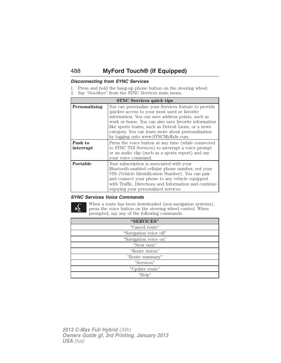 Disconnecting from sync services, Sync services voice commands, 488 myford touch® (if equipped) | FORD 2013 C-MAX Hybrid v.3 User Manual | Page 489 / 552