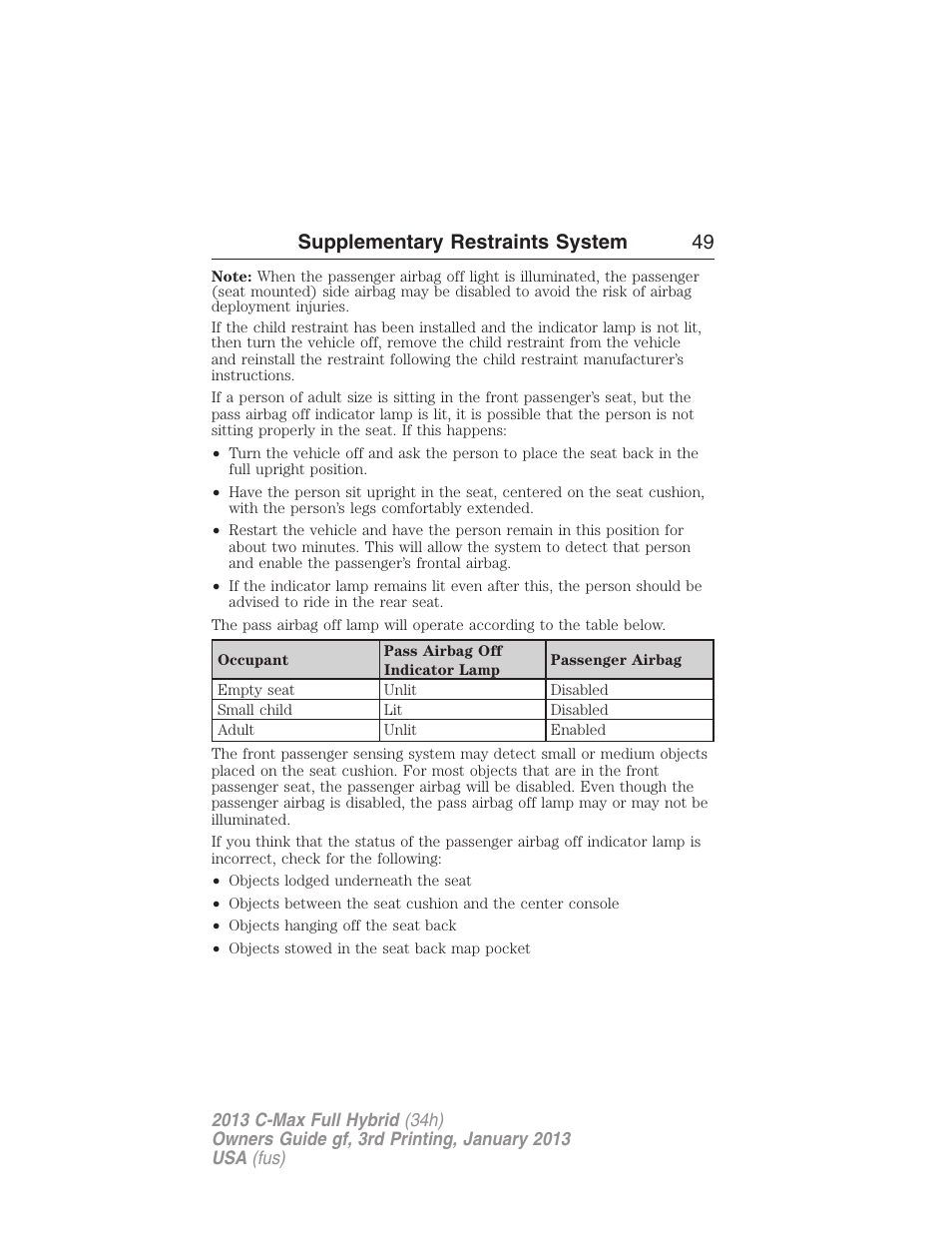 Supplementary restraints system 49 | FORD 2013 C-MAX Hybrid v.3 User Manual | Page 50 / 552