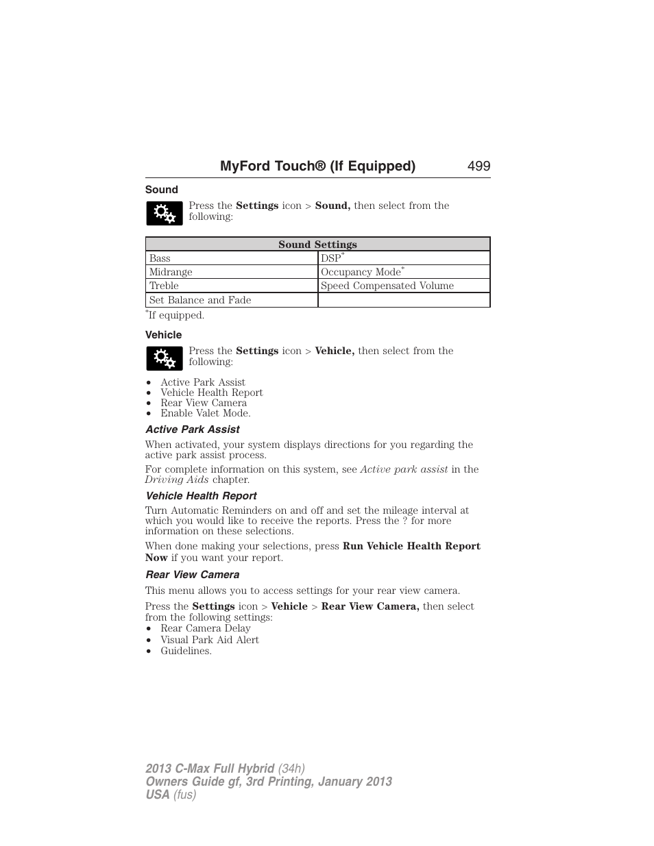 Sound, Vehicle, Active park assist | Vehicle health report, Rear view camera, Myford touch® (if equipped) 499 | FORD 2013 C-MAX Hybrid v.3 User Manual | Page 500 / 552