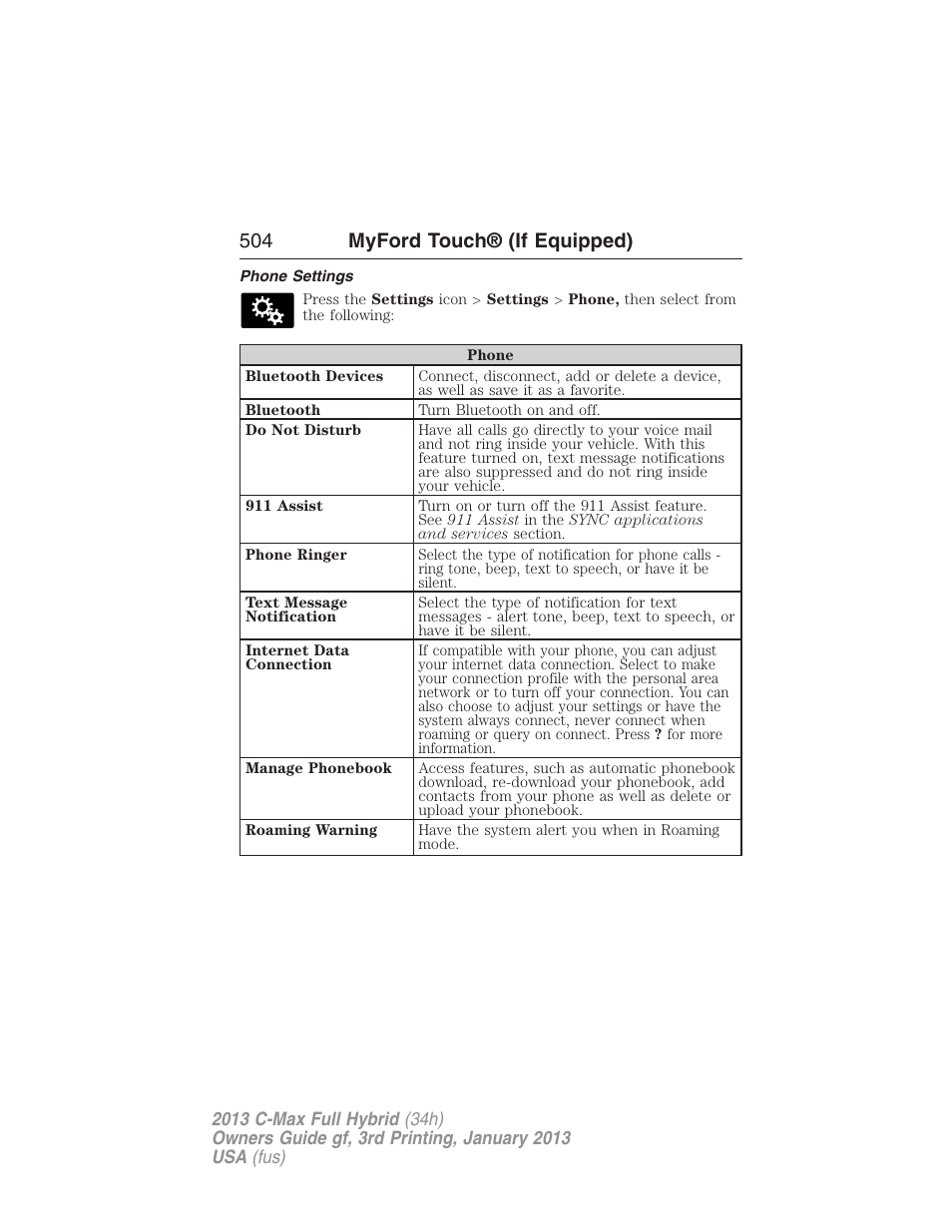 Phone settings, 504 myford touch® (if equipped) | FORD 2013 C-MAX Hybrid v.3 User Manual | Page 505 / 552