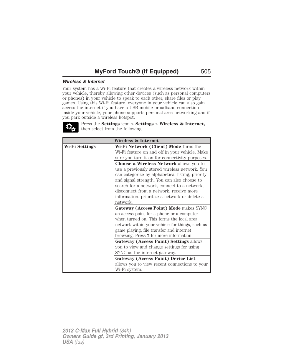 Wireless & internet, Myford touch® (if equipped) 505 | FORD 2013 C-MAX Hybrid v.3 User Manual | Page 506 / 552