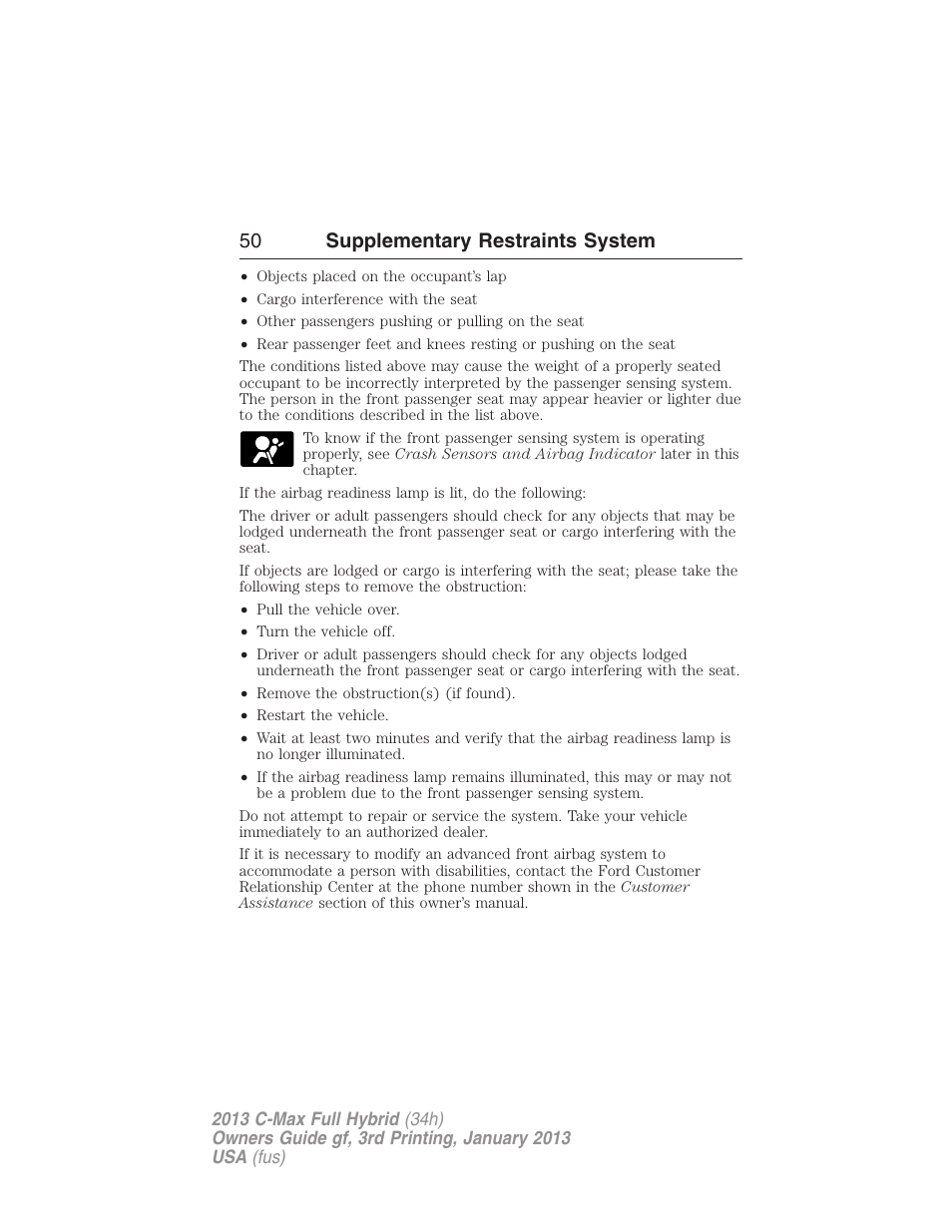 50 supplementary restraints system | FORD 2013 C-MAX Hybrid v.3 User Manual | Page 51 / 552