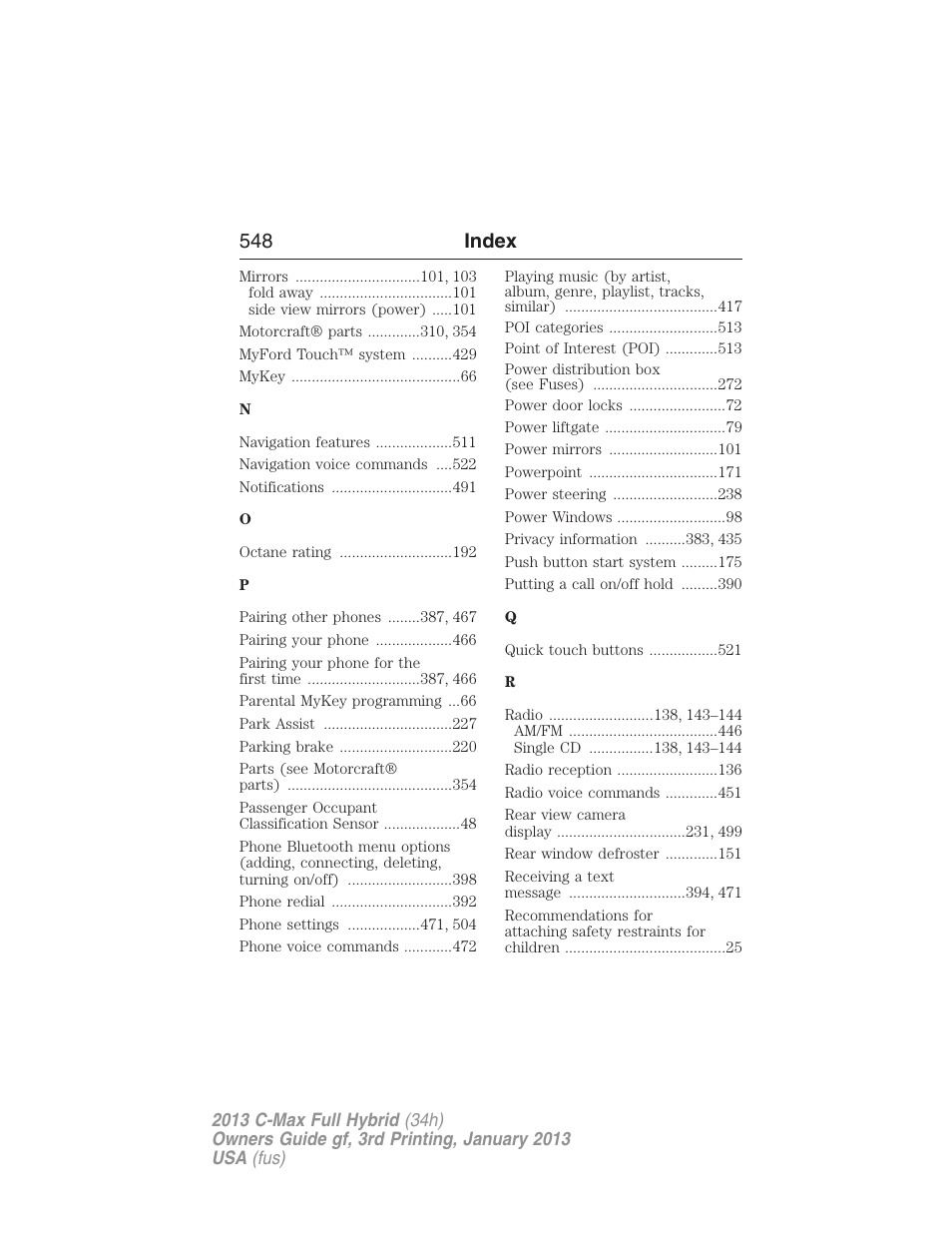 548 index | FORD 2013 C-MAX Hybrid v.3 User Manual | Page 549 / 552