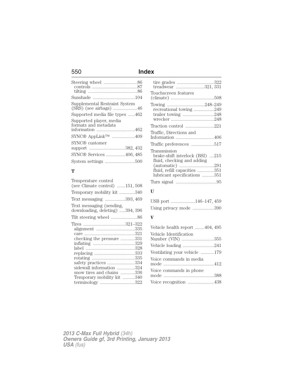 550 index | FORD 2013 C-MAX Hybrid v.3 User Manual | Page 551 / 552