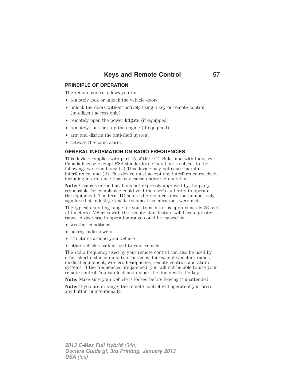 Keys and remote control, Principle of operation, General information on radio frequencies | Keys and remote control 57 | FORD 2013 C-MAX Hybrid v.3 User Manual | Page 58 / 552