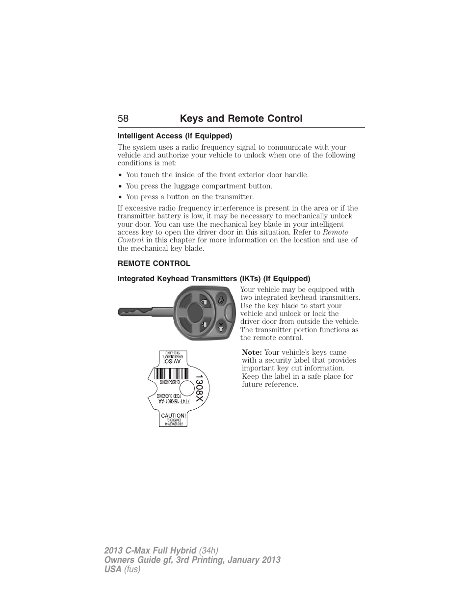 Intelligent access (if equipped), Remote control, Keys | 58 keys and remote control | FORD 2013 C-MAX Hybrid v.3 User Manual | Page 59 / 552