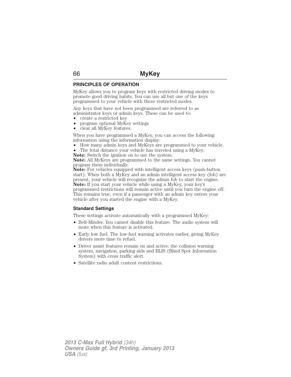 Mykey, Principles of operation, Standard settings | Settings, mykey, 66 mykey | FORD 2013 C-MAX Hybrid v.3 User Manual | Page 67 / 552