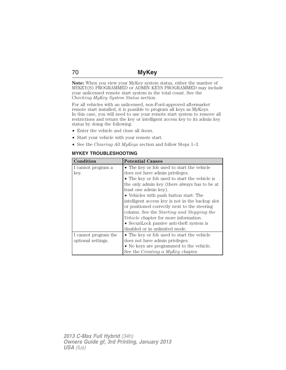 Mykey troubleshooting, Troubleshooting, mykey, 70 mykey | FORD 2013 C-MAX Hybrid v.3 User Manual | Page 71 / 552