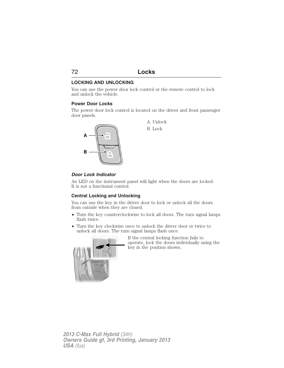 Locks, Locking and unlocking, Power door locks | Door lock indicator, Central locking and unlocking, 72 locks | FORD 2013 C-MAX Hybrid v.3 User Manual | Page 73 / 552