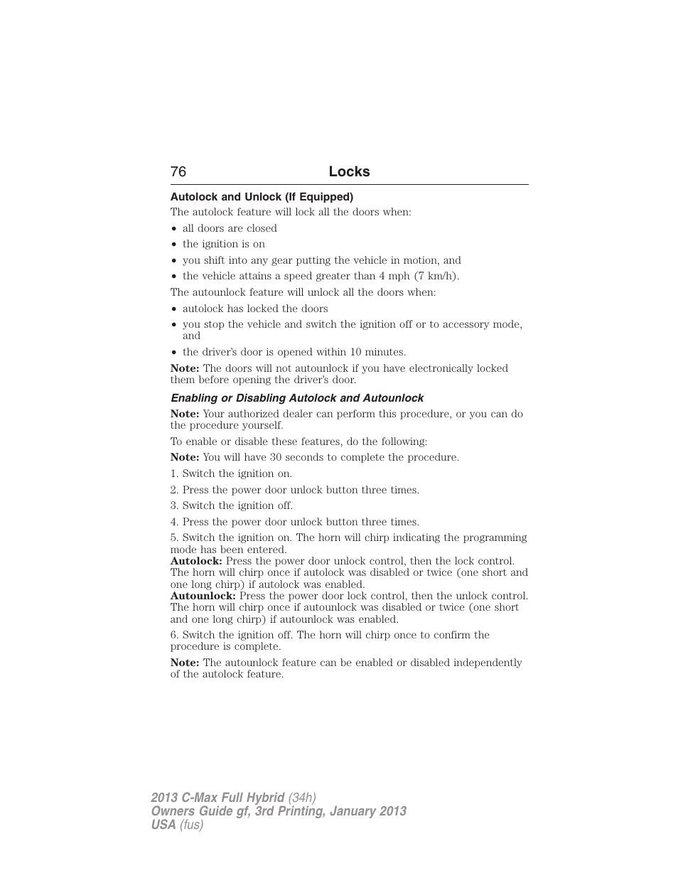Autolock and unlock (if equipped), Enabling or disabling autolock and autounlock, 76 locks | FORD 2013 C-MAX Hybrid v.3 User Manual | Page 77 / 552