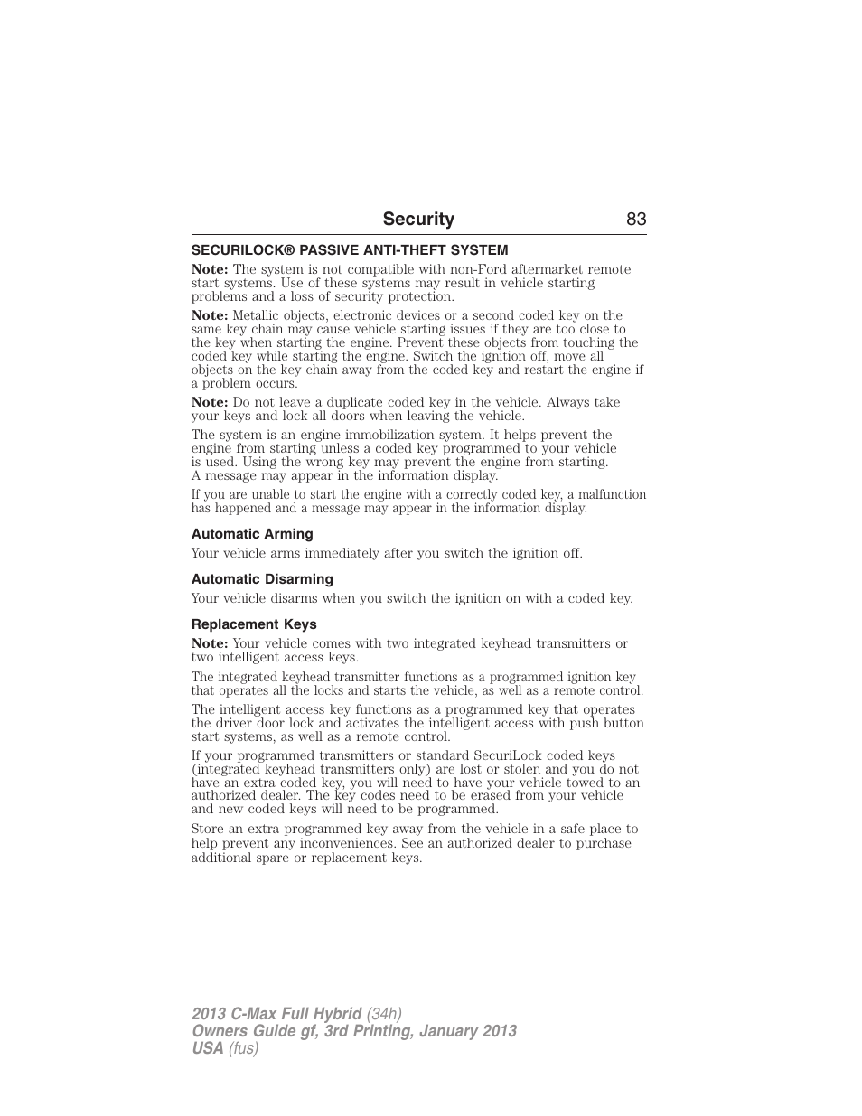 Security, Securilock® passive anti-theft system, Automatic arming | Automatic disarming, Replacement keys, Security 83 | FORD 2013 C-MAX Hybrid v.3 User Manual | Page 84 / 552