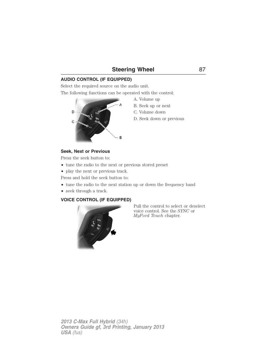 Audio control (if equipped), Seek, next or previous, Voice control (if equipped) | Steering wheel controls, Steering wheel 87 | FORD 2013 C-MAX Hybrid v.3 User Manual | Page 88 / 552