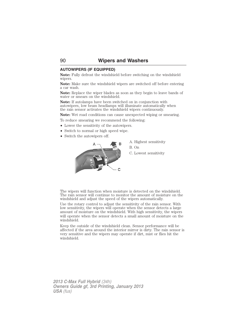 Autowipers (if equipped), Autowipers, 90 wipers and washers | FORD 2013 C-MAX Hybrid v.3 User Manual | Page 91 / 552