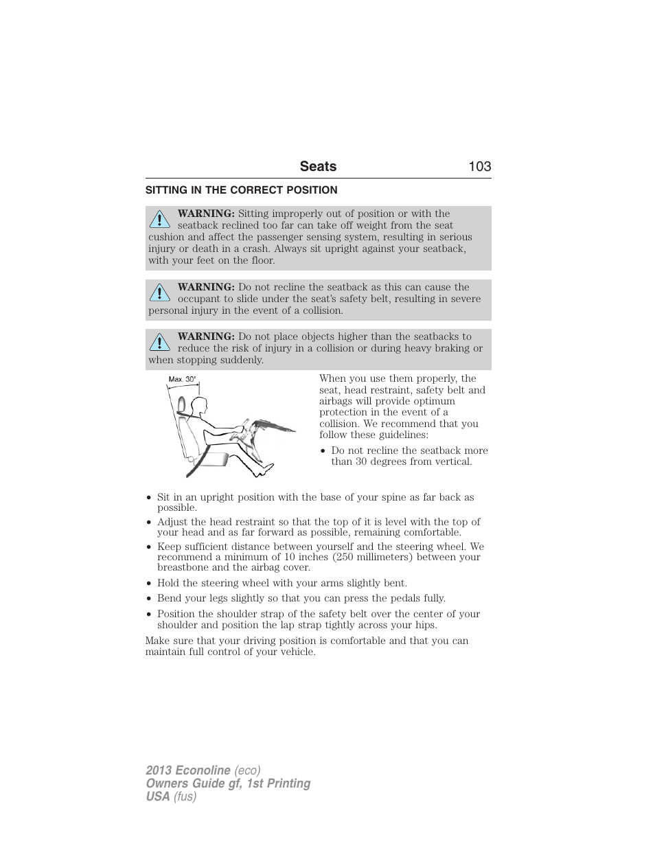 Seats, Sitting in the correct position, Seats 103 | FORD 2013 E-450 v.1 User Manual | Page 103 / 416