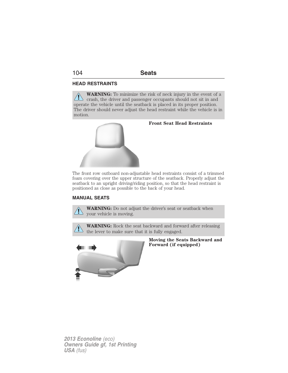 Head restraints, Manual seats, 104 seats | FORD 2013 E-450 v.1 User Manual | Page 104 / 416