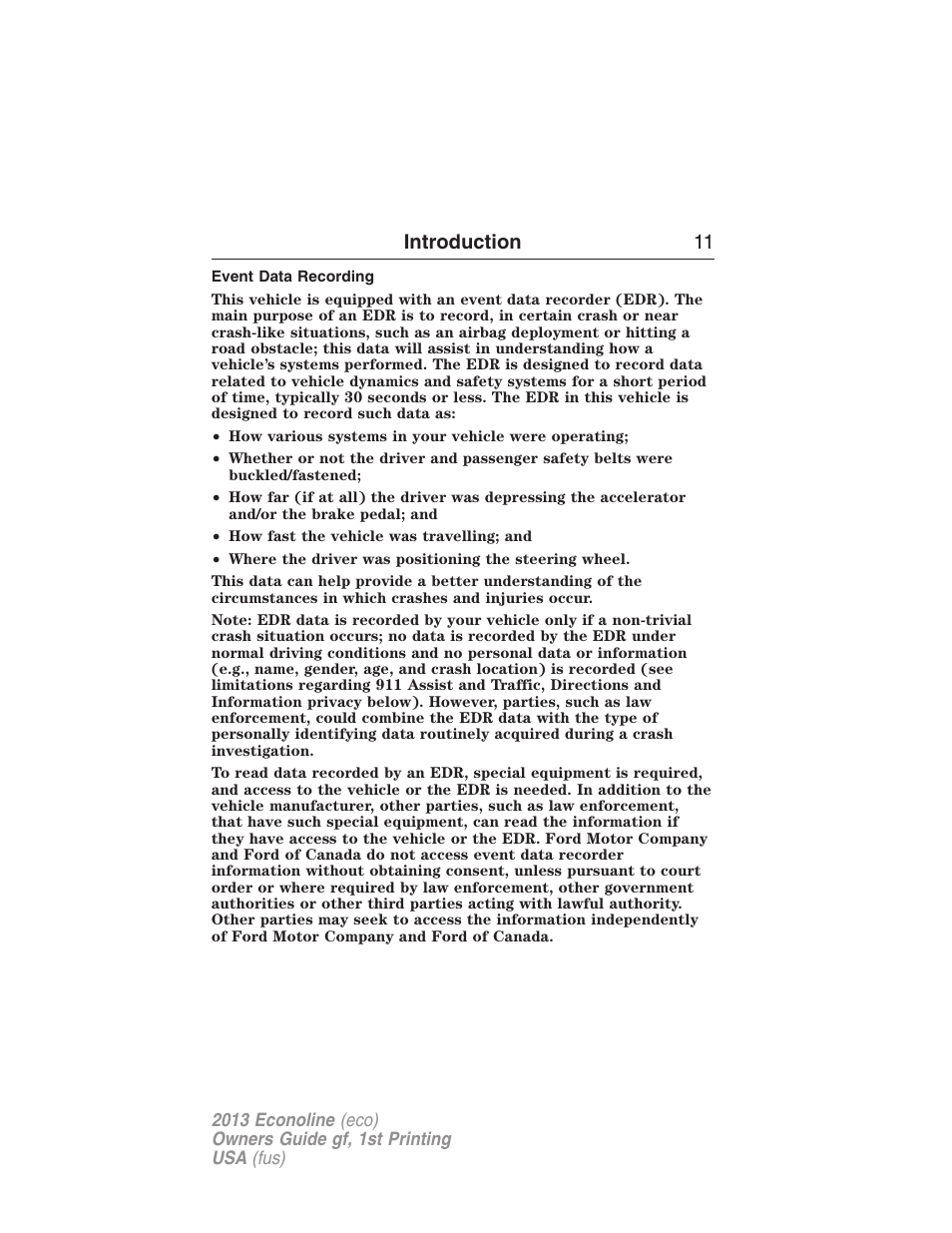 Event data recording, Introduction 11 | FORD 2013 E-450 v.1 User Manual | Page 11 / 416