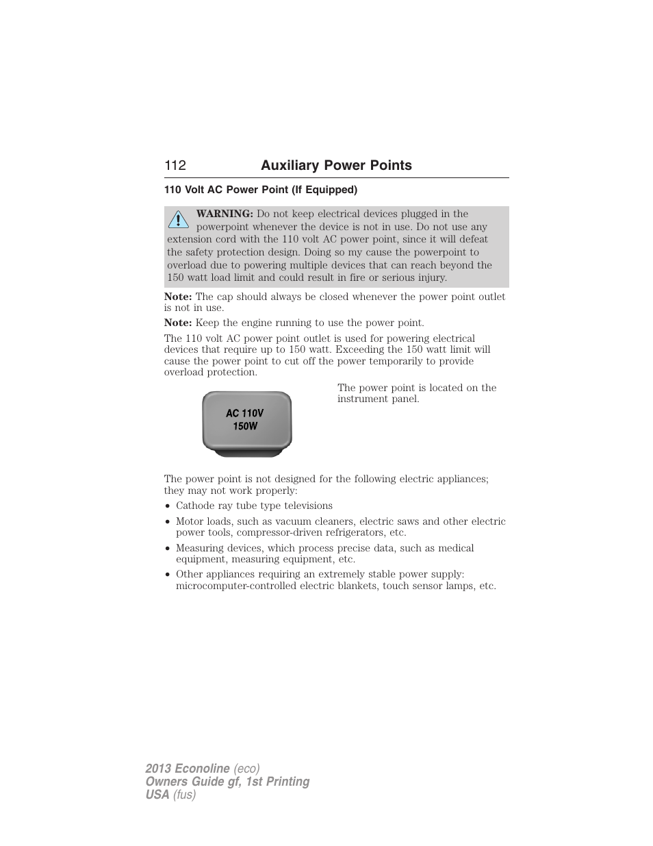 110 volt ac power point (if equipped), 112 auxiliary power points | FORD 2013 E-450 v.1 User Manual | Page 112 / 416