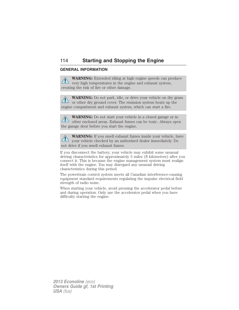 Starting and stopping the engine, General information, 114 starting and stopping the engine | FORD 2013 E-450 v.1 User Manual | Page 114 / 416