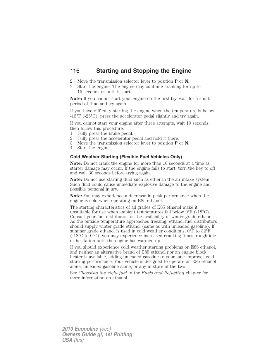 116 starting and stopping the engine | FORD 2013 E-450 v.1 User Manual | Page 116 / 416