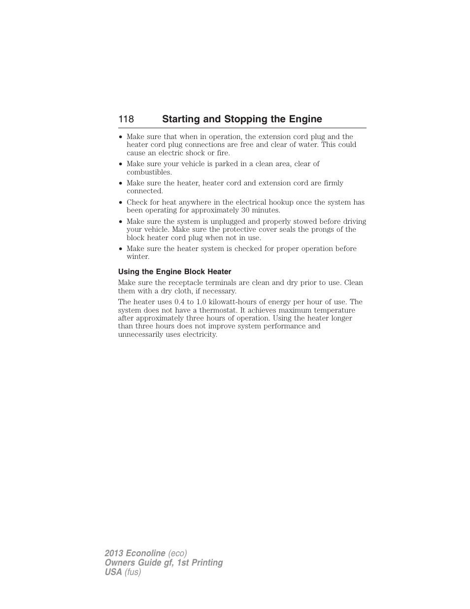 Using the engine block heater, 118 starting and stopping the engine | FORD 2013 E-450 v.1 User Manual | Page 118 / 416