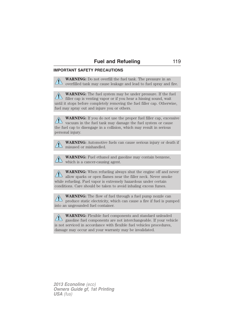 Fuel and refueling, Important safety precautions, Fuel and refueling 119 | FORD 2013 E-450 v.1 User Manual | Page 119 / 416