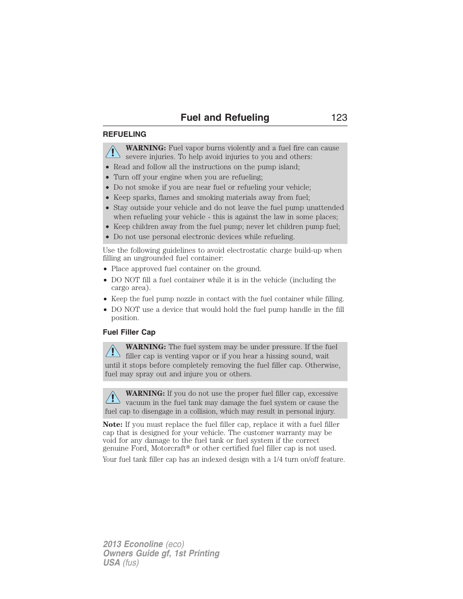 Refueling, Fuel filler cap, Fuel and refueling 123 | FORD 2013 E-450 v.1 User Manual | Page 123 / 416
