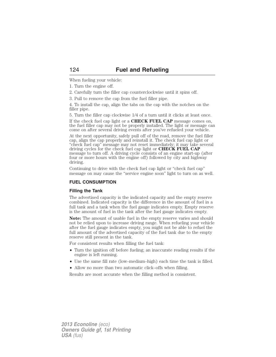 Fuel consumption, Filling the tank, 124 fuel and refueling | FORD 2013 E-450 v.1 User Manual | Page 124 / 416