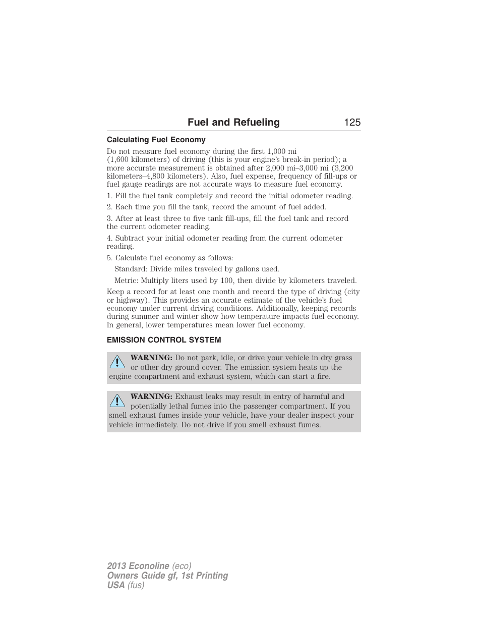 Calculating fuel economy, Emission control system, Fuel and refueling 125 | FORD 2013 E-450 v.1 User Manual | Page 125 / 416