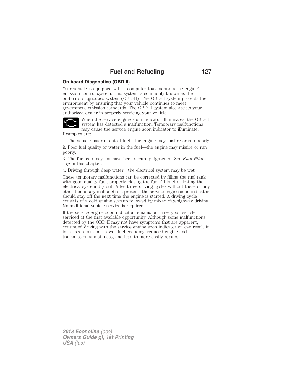 On-board diagnostics (obd-ii), Fuel and refueling 127 | FORD 2013 E-450 v.1 User Manual | Page 127 / 416