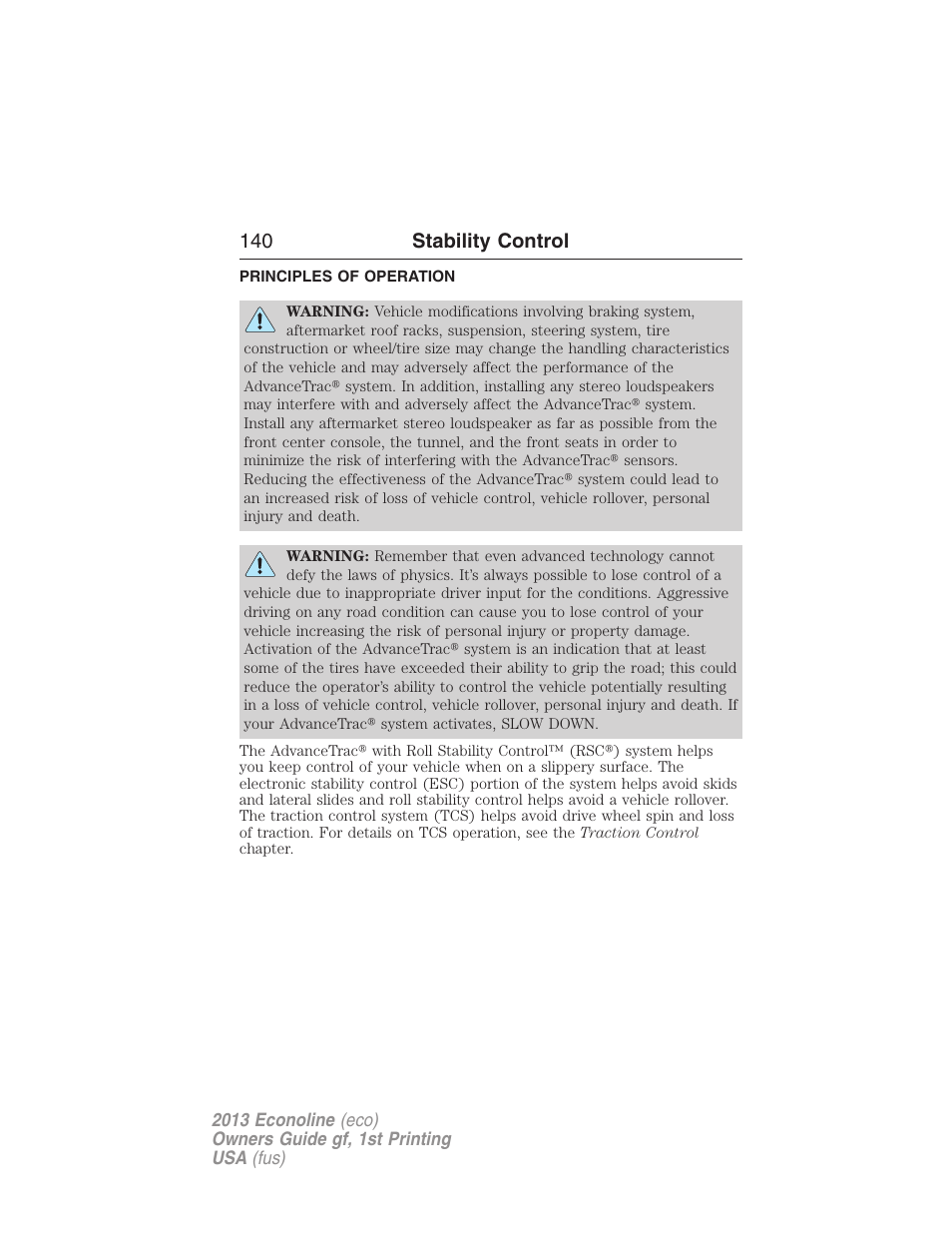 Stability control, Principles of operation, Advancetrac | 140 stability control | FORD 2013 E-450 v.1 User Manual | Page 140 / 416