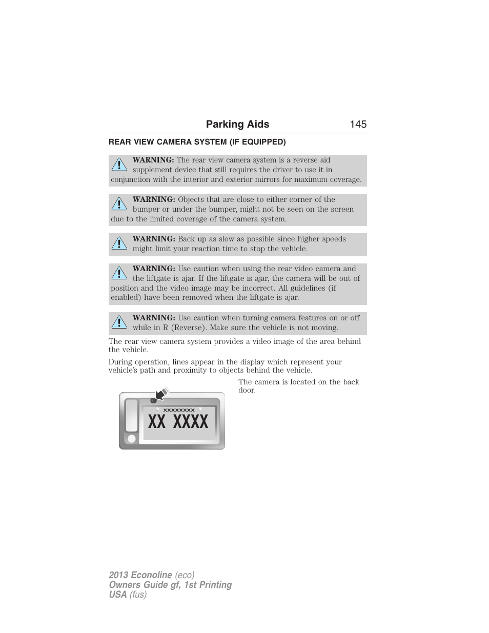 Rear view camera system (if equipped), Rear-view camera system, Parking aids 145 | FORD 2013 E-450 v.1 User Manual | Page 145 / 416