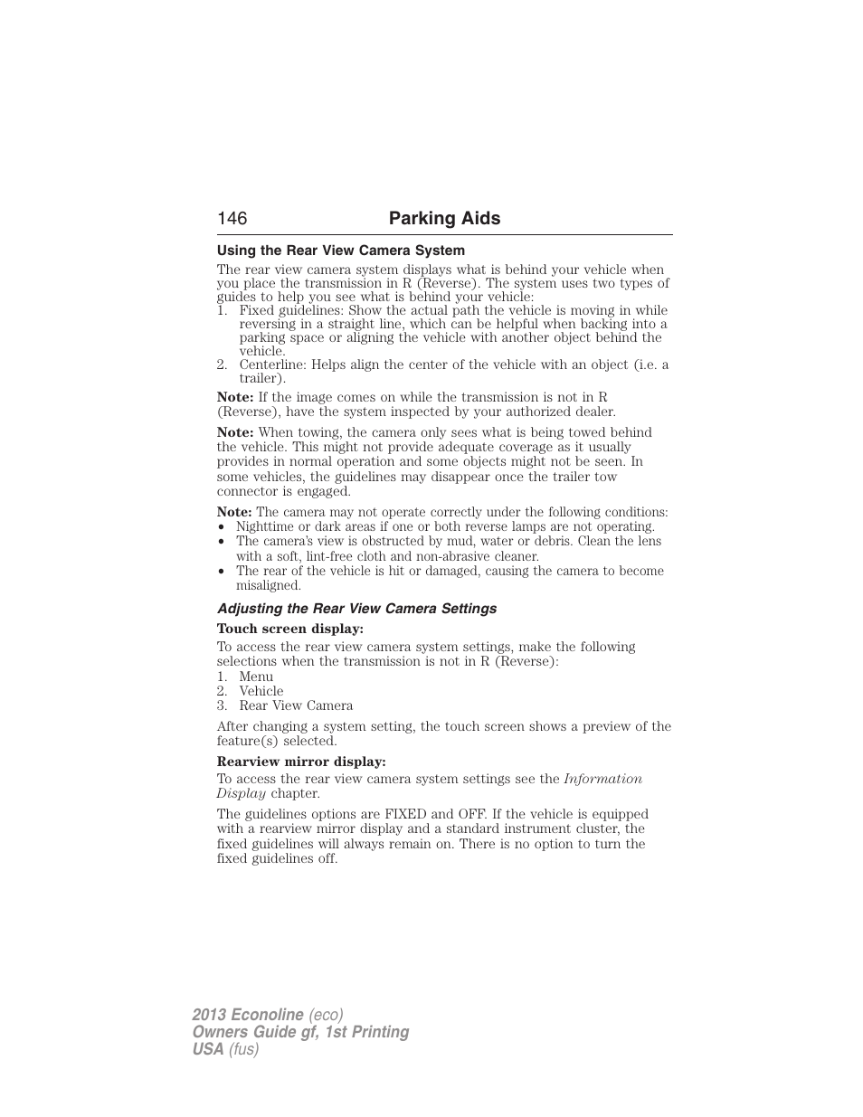 Using the rear view camera system, Adjusting the rear view camera settings, 146 parking aids | FORD 2013 E-450 v.1 User Manual | Page 146 / 416