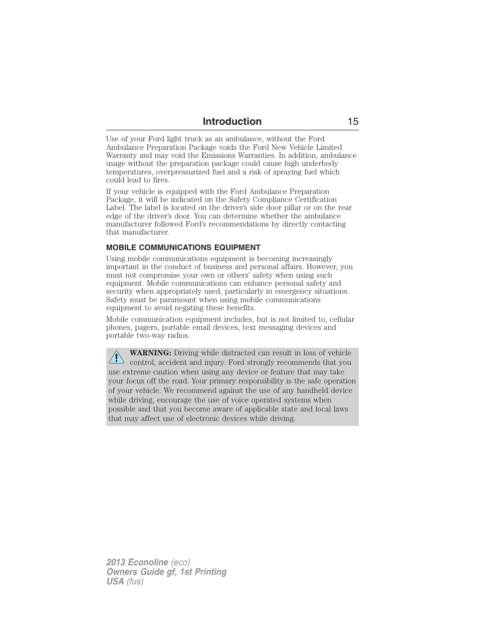 Mobile communications equipment, Introduction 15 | FORD 2013 E-450 v.1 User Manual | Page 15 / 416