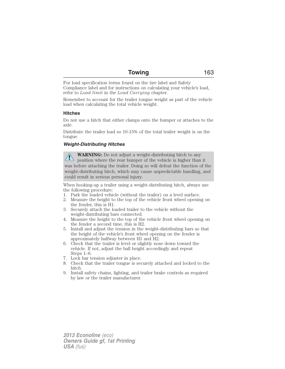 Hitches, Weight-distributing hitches, Towing 163 | FORD 2013 E-450 v.1 User Manual | Page 163 / 416