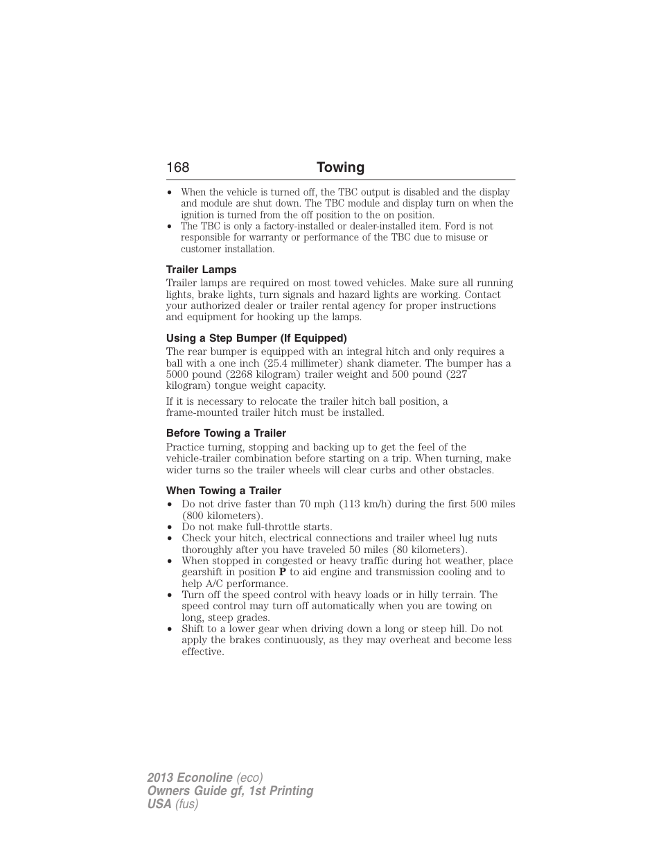 Trailer lamps, Using a step bumper (if equipped), Before towing a trailer | When towing a trailer, 168 towing | FORD 2013 E-450 v.1 User Manual | Page 168 / 416